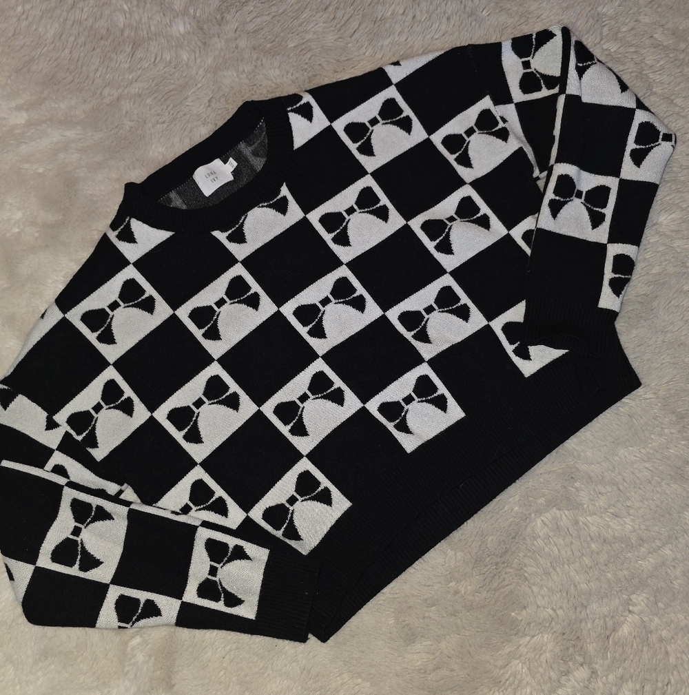 Luna & Ivy Anthropologie Bow Checkered Sweater Black  White Cropped Top  XSmall